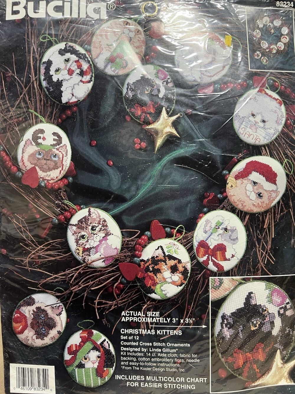 1995 Bucilla COUNTED CROSS STITCH Christmas KITTENS 12 ORNAMENTS Opened Package